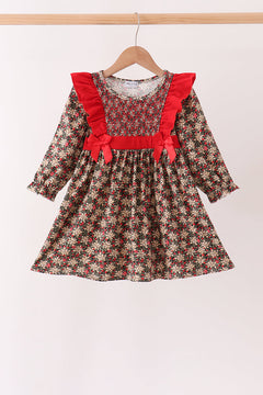 Red Floral Smocked Ruffle Dress