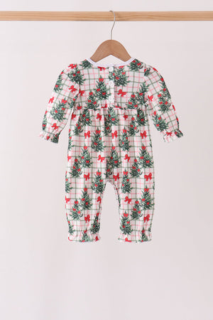 Red Bow Embroidery Velvet Ruffle Romper