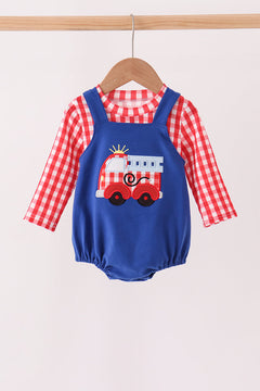 Blue Fire Truck Applique Gingham 2pc Set
