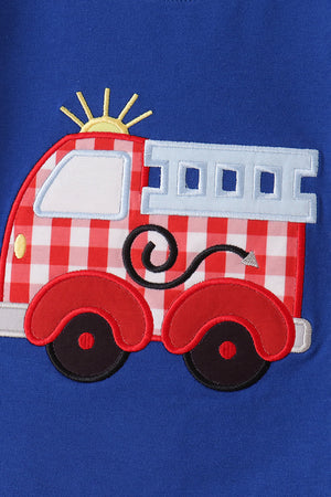 Blue Fire Truck Applique Gingham Pants Set