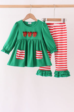Green Reindeer French Knot Ruffle Pants Set