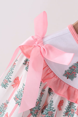 Pink Christmas Tree Embroidery Ruffle Dress