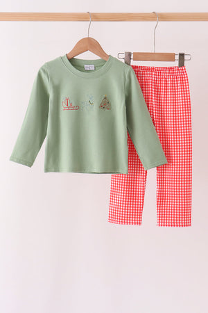 Sage Christmas Embroidery Pants Set