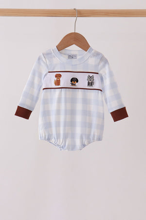 Blue Puppy Embroidery Gingham Bubble