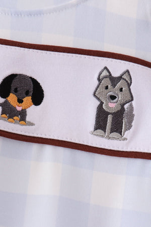 Blue Puppy Embroidery Gingham Bubble
