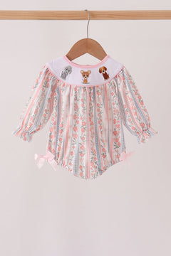 Pink Floral Puppy Embroidery Bow Bubble