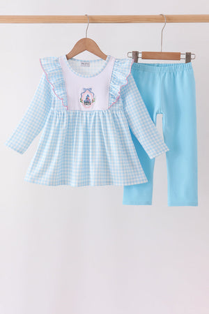 Blue Castle Embroidery Ruffle Pants Set