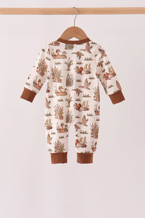 Brown Duck Embroidery Ruffle Romper