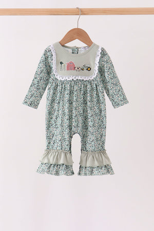 Green Farm Floral Embroidery Ruffle Romper