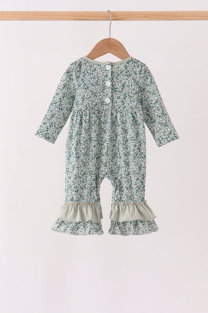 Green Farm Floral Embroidery Ruffle Romper