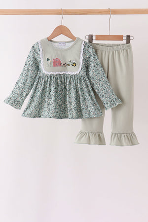 Green Farm Floral Embroidery Ruffle Pants Set