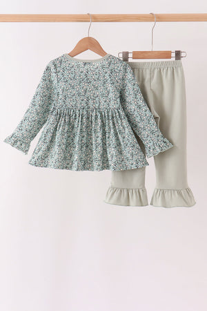 Green Farm Floral Embroidery Ruffle Pants Set