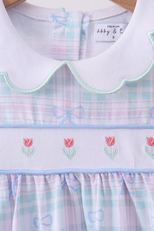 Blue plaid bow floral dress