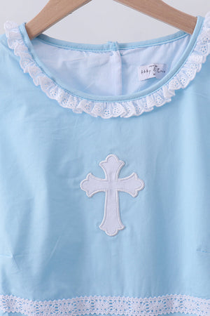 Blue cross embroidery ruffle tiered dress