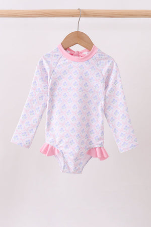 Pink floral print ruffle rashguard