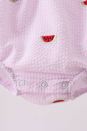 Pink stripe watermelon embroidery seersucker ruffle bubble