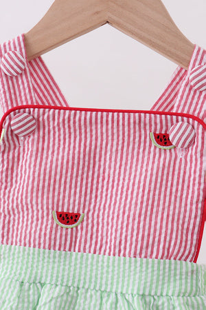 Red stripe watermelon embroidery seersucker bubble