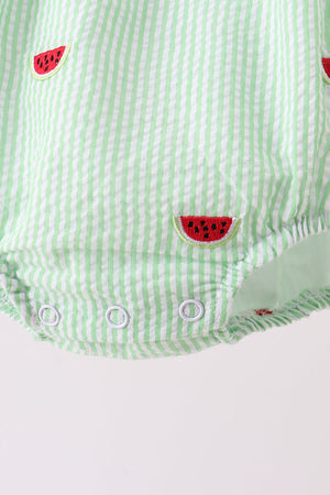 Red stripe watermelon embroidery seersucker bubble