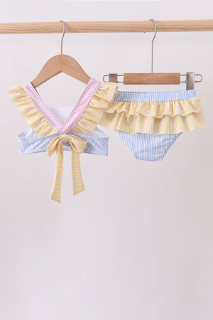 Colorblock crab embroidery ruffle 2pc swimsuit