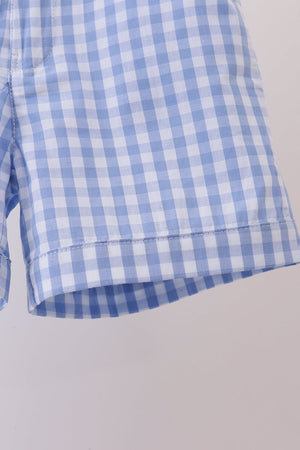 Blue gingham pumpkin embroidery shorts set