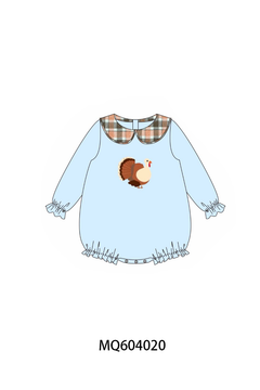 Blue turkey embroidery plaid ruffle bubble