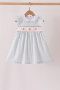 Green plaid turkey embroidery ruffle dress