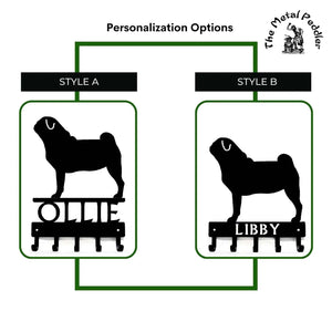Pug Dog Personalized Key and Leash Holder - 5 Hooks