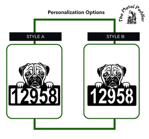 Pug Address Sign - Detailed Dog Design with Custom House Numbers