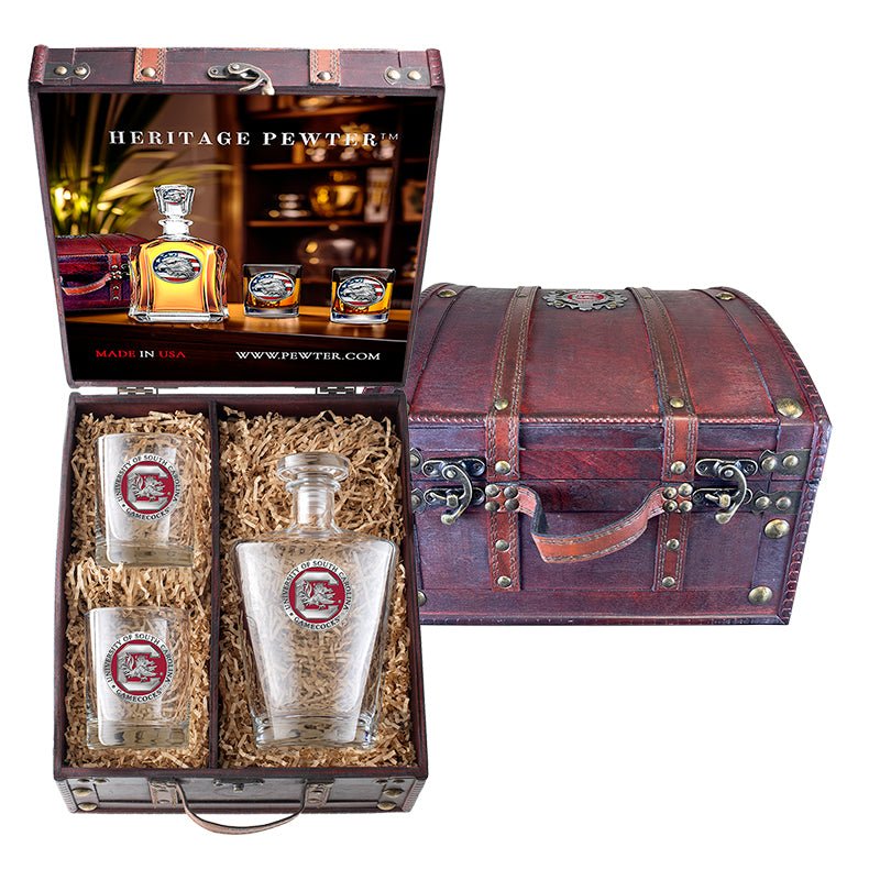 University of South Carolina Gamecocks Royal Decanter and 2 Glasses with Chest Box