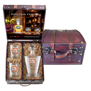 Clemson University Royal Decanter with 3D Top and 2 Glasses w/ Chest Box