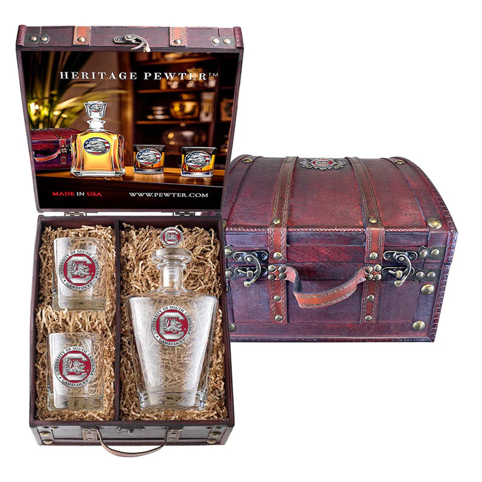 University of South Carolina Royal Decanter with 3D Top and 2 Glasses w/ Chest Box