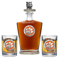 Clemson University Royal Decanter w/ Tiger Head 3D Top-Diamond Accents & 2 Glasses