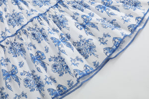 Blue and White Print Layered Ruffle Dress