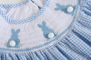 Blue Gingham Bunny Smocked Bishop Dress