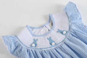 Blue Gingham Bunny Smocked Bishop Dress