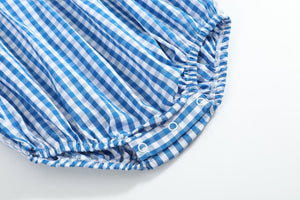 Blue Gingham Pumpkin Smocked Ruffle Bubble Romper