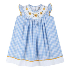 Blue Gingham Sunflower Smocked Bishop Dress
