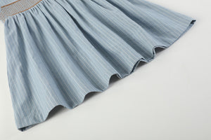 Blue Pinstripe Brown Smocked Ruffle Collar Dress
