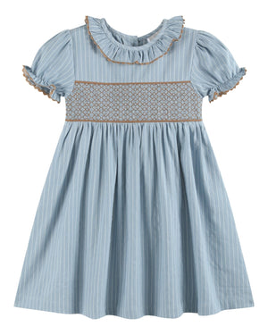 Blue Pinstripe Brown Smocked Ruffle Collar Dress
