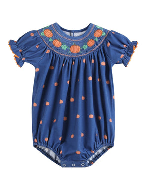 Blue Pumpkin Print Knit Smocked Bubble Romper