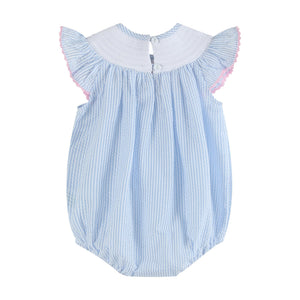 Blue Seersucker Bow Smocked Flutter Bubble Romper
