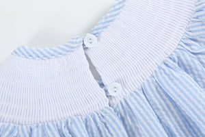 Blue Seersucker Bow Smocked Flutter Bubble Romper