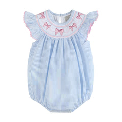 Blue Seersucker Bow Smocked Flutter Bubble Romper