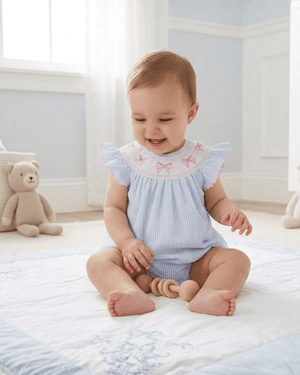 Blue Seersucker Bow Smocked Flutter Bubble Romper