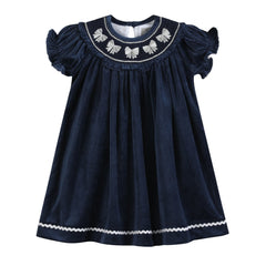 Blue Velvet Silver Bows Smocked Ruffle Bishop Dress