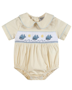 Buttercream Yellow Whale Smocked Collared Bubble Romper