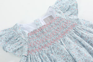 Floral Blue Dove Smocked Flutter Dress