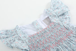 Floral Blue Dove Smocked Flutter Bubble Romper