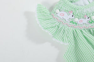Green Seersucker Bunny Smocked Flutter Bubble Romper