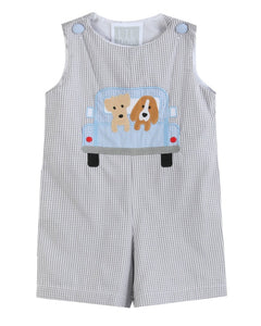 Grey Gingham Puppies in Truck Shortalls